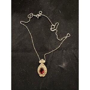 Vintage Garnet Necklace. Sterling Silver Pendant, Chain marked Italy 15" long